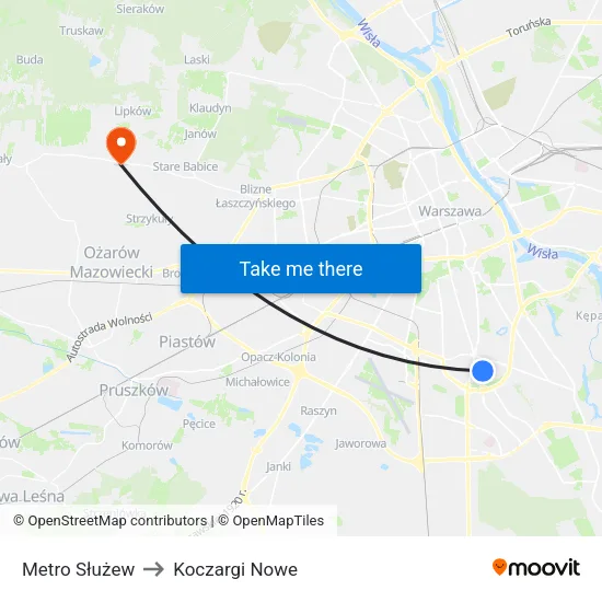 Metro Służew to Koczargi Nowe map