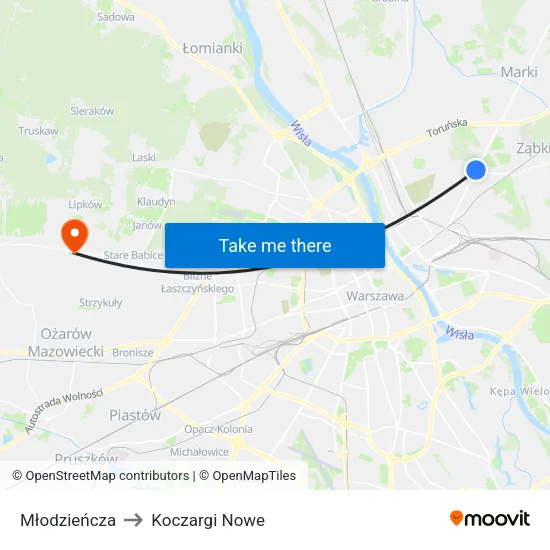 Młodzieńcza to Koczargi Nowe map