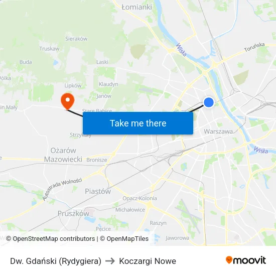 Dw. Gdański (Rydygiera) to Koczargi Nowe map