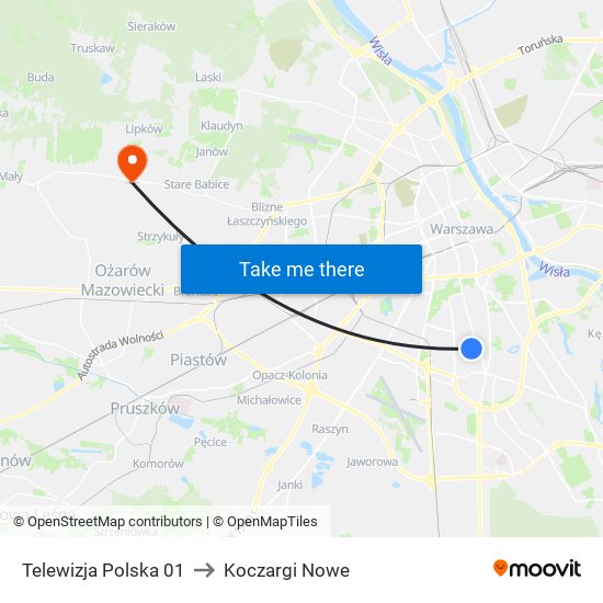 Telewizja Polska 01 to Koczargi Nowe map