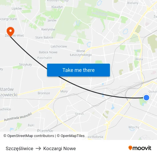 Szczęśliwice to Koczargi Nowe map