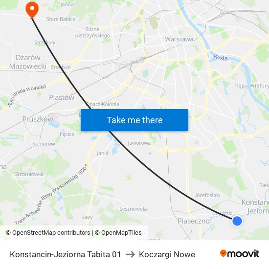 Konstancin-Jeziorna Tabita 01 to Koczargi Nowe map