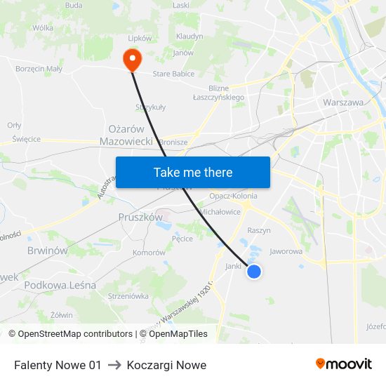 Falenty Nowe to Koczargi Nowe map