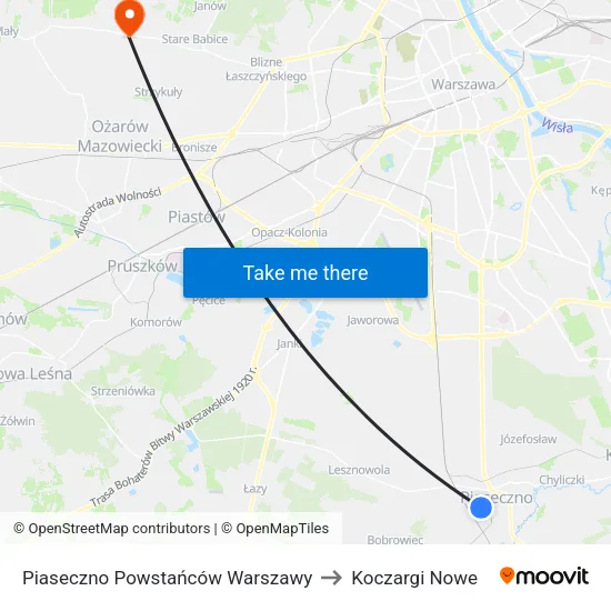 Piaseczno Powstańców Warszawy to Koczargi Nowe map
