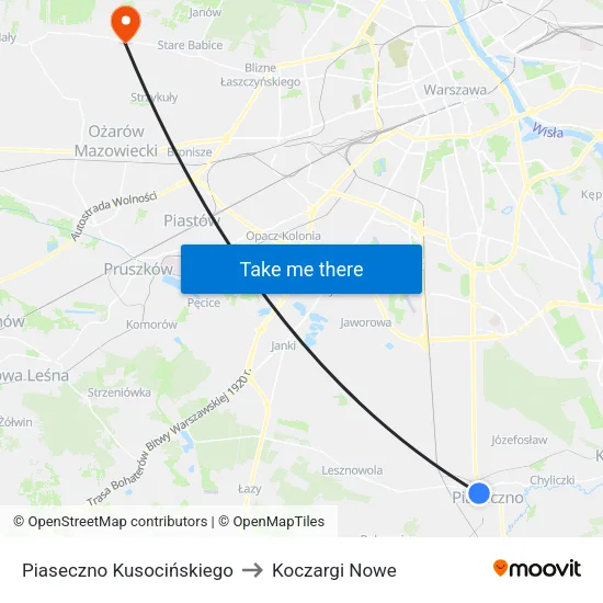 Piaseczno Kusocińskiego to Koczargi Nowe map