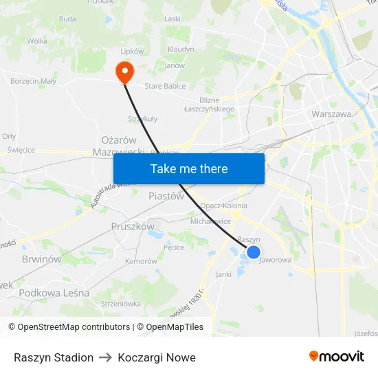 Raszyn Stadion to Koczargi Nowe map