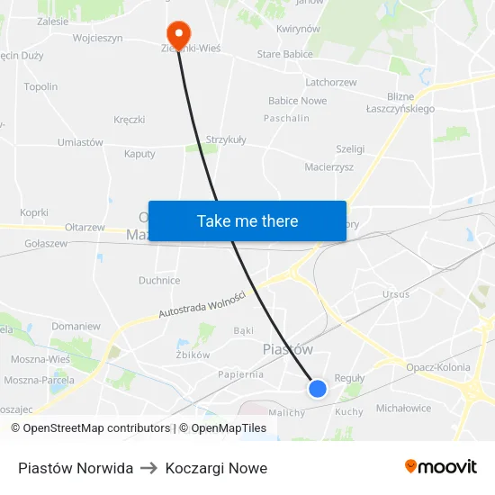 Piastów Norwida to Koczargi Nowe map