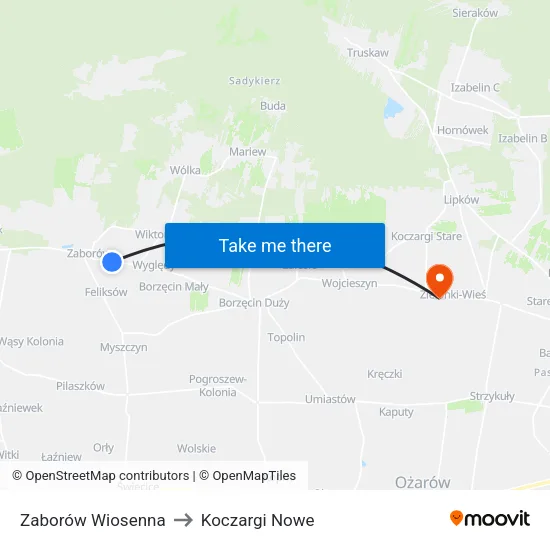 Zaborów Wiosenna to Koczargi Nowe map
