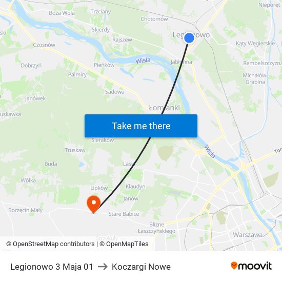 Legionowo 3 Maja to Koczargi Nowe map