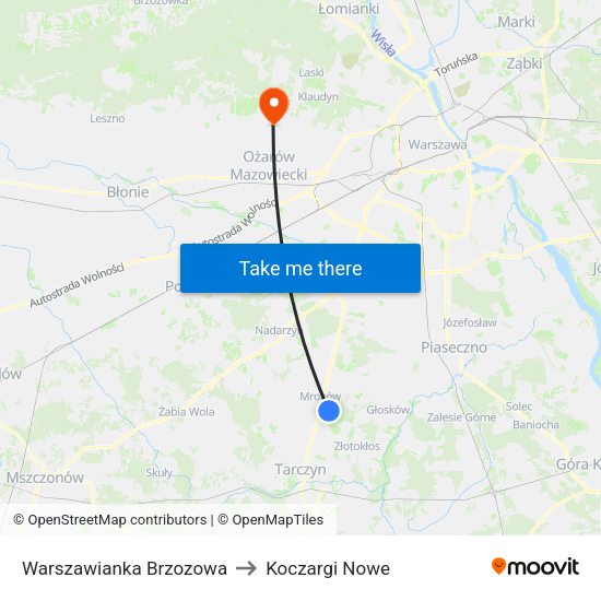 Warszawianka Brzozowa to Koczargi Nowe map