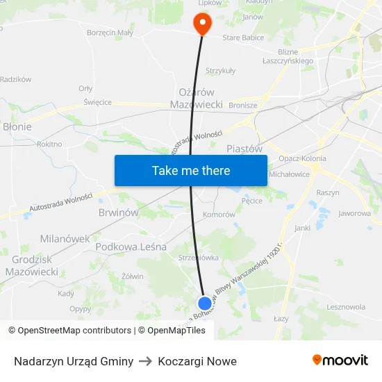 Nadarzyn Urząd Gminy to Koczargi Nowe map