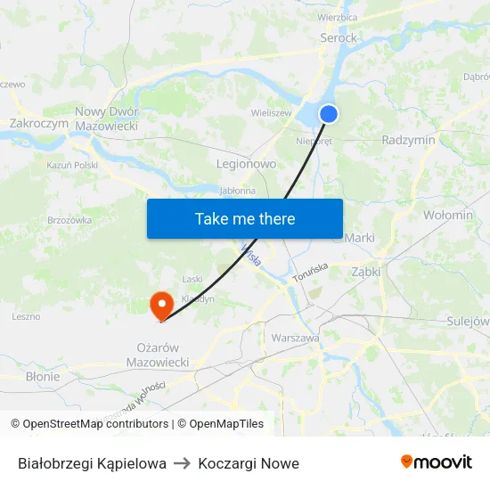 Białobrzegi Kąpielowa to Koczargi Nowe map