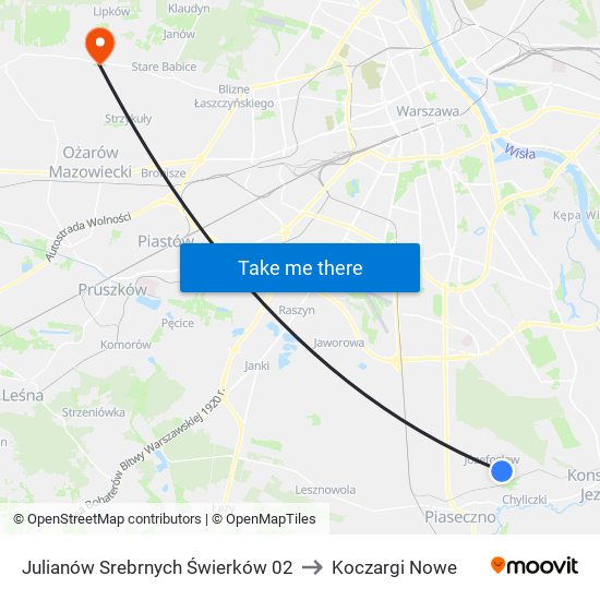 Julianów Srebrnych Świerków to Koczargi Nowe map