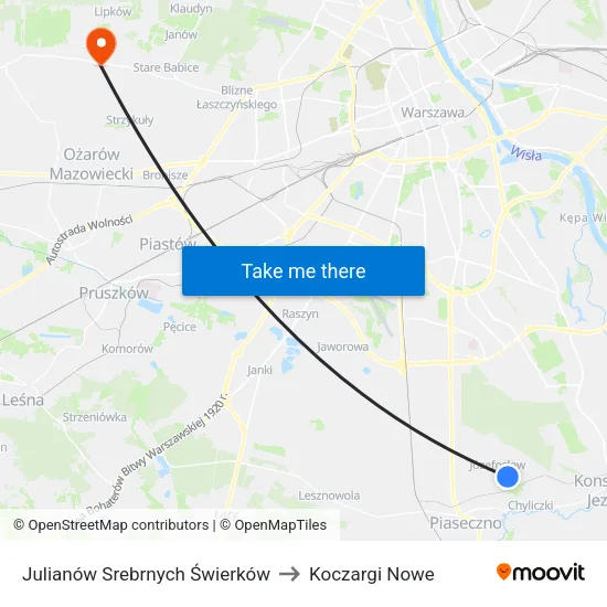 Julianów Srebrnych Świerków to Koczargi Nowe map
