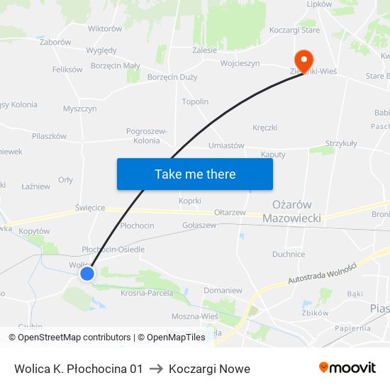 Wolica K. Płochocina to Koczargi Nowe map