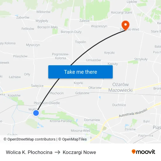 Wolica K. Płochocina to Koczargi Nowe map