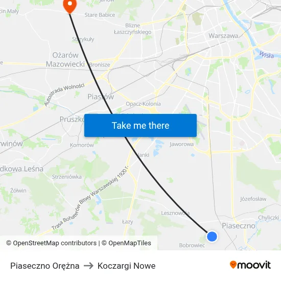 Piaseczno Orężna to Koczargi Nowe map