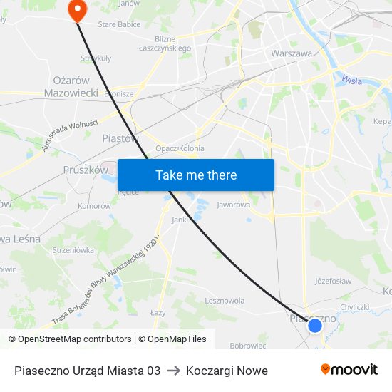 Piaseczno Urząd Miasta to Koczargi Nowe map