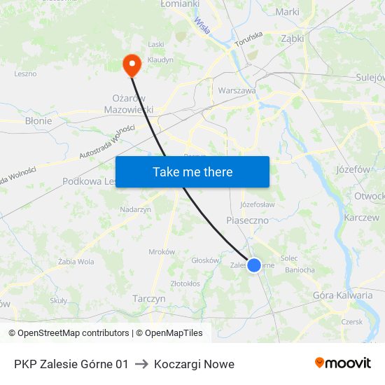 PKP Zalesie Górne 01 to Koczargi Nowe map