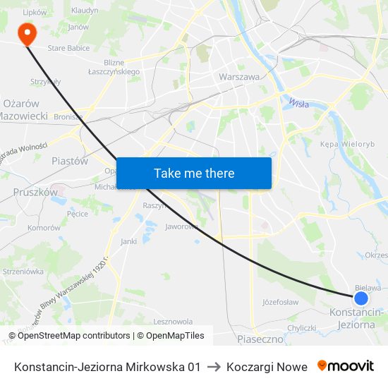 Konstancin-Jeziorna Mirkowska 01 to Koczargi Nowe map