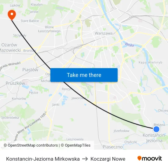 Konstancin-Jeziorna Mirkowska to Koczargi Nowe map