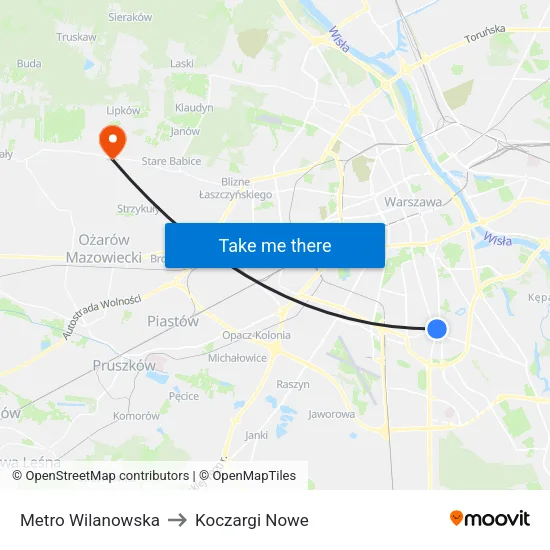 Metro Wilanowska to Koczargi Nowe map