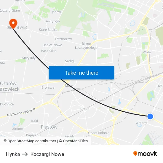 Hynka to Koczargi Nowe map