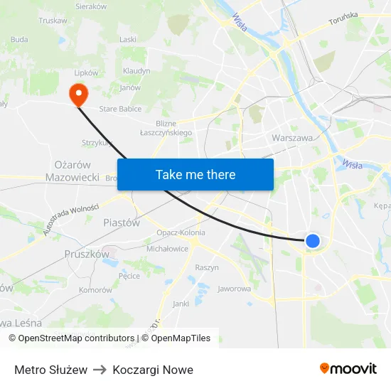 Metro Służew to Koczargi Nowe map