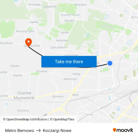 Metro Bemowo to Koczargi Nowe map