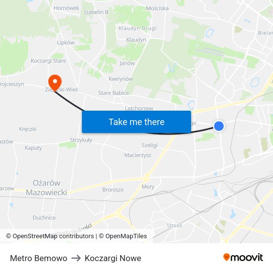 Metro Bemowo to Koczargi Nowe map