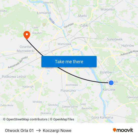 Otwock Orla to Koczargi Nowe map