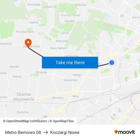 Metro Bemowo to Koczargi Nowe map