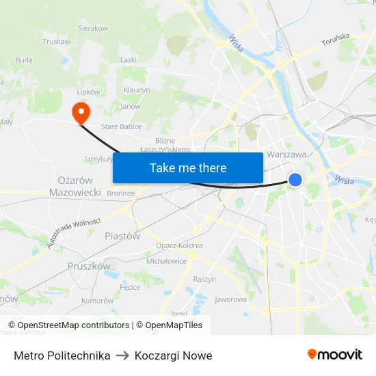 Metro Politechnika to Koczargi Nowe map