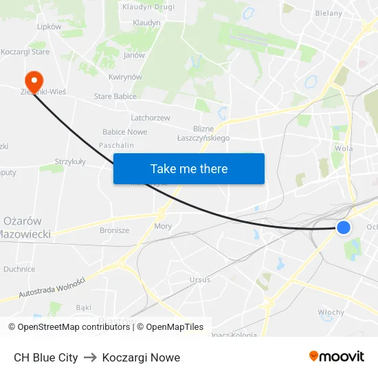 CH Blue City to Koczargi Nowe map