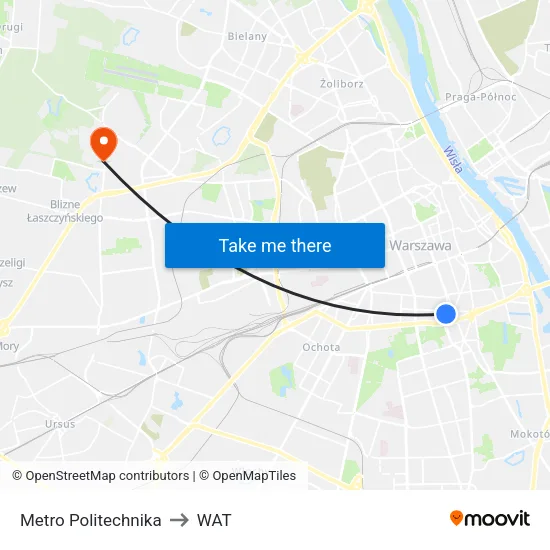 Metro Politechnika to WAT map