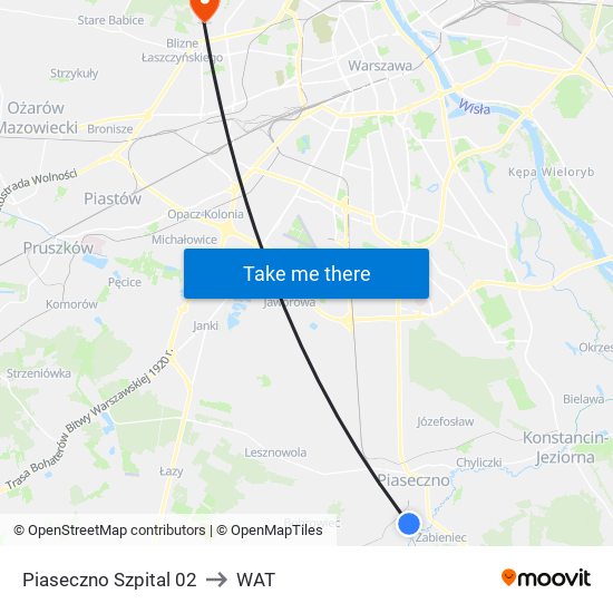 Piaseczno Szpital 02 to WAT map