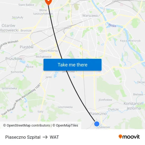 Piaseczno Szpital to WAT map