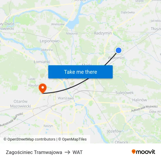 Zagościniec Tramwajowa to WAT map