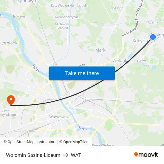 Wołomin Sasina - Liceum to WAT map