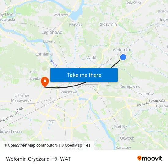 Wołomin Gryczana to WAT map