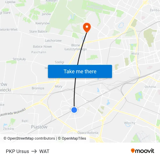PKP Ursus to WAT map