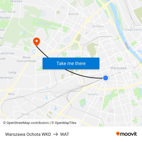 Warszawa Ochota WKD to WAT map