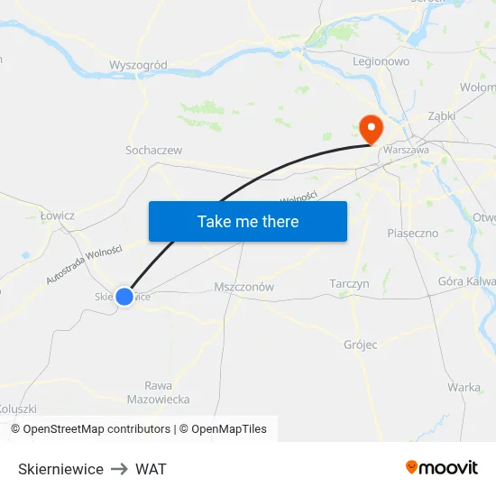 Skierniewice to WAT map