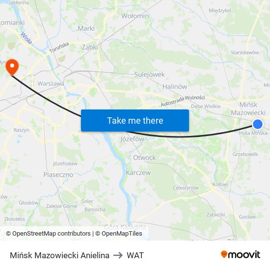 Mińsk Mazowiecki Anielina to WAT map