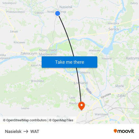 Nasielsk to WAT map