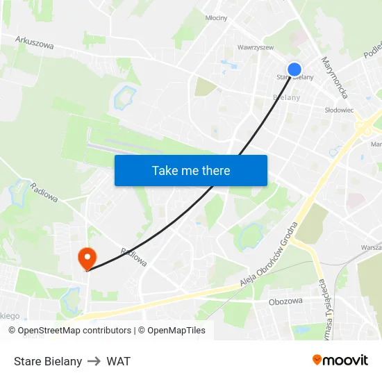 Stare Bielany to WAT map