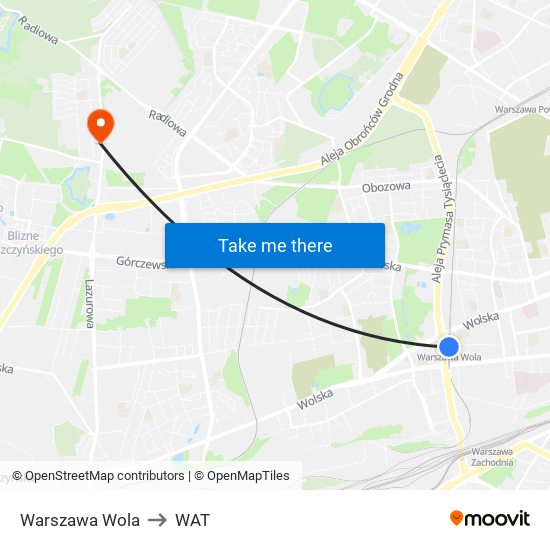 Warszawa Wola to WAT map