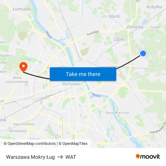 Warszawa Mokry Ług to WAT map