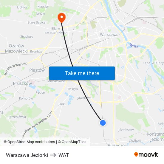 Warszawa Jeziorki to WAT map