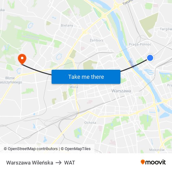 Warszawa Wileńska to WAT map